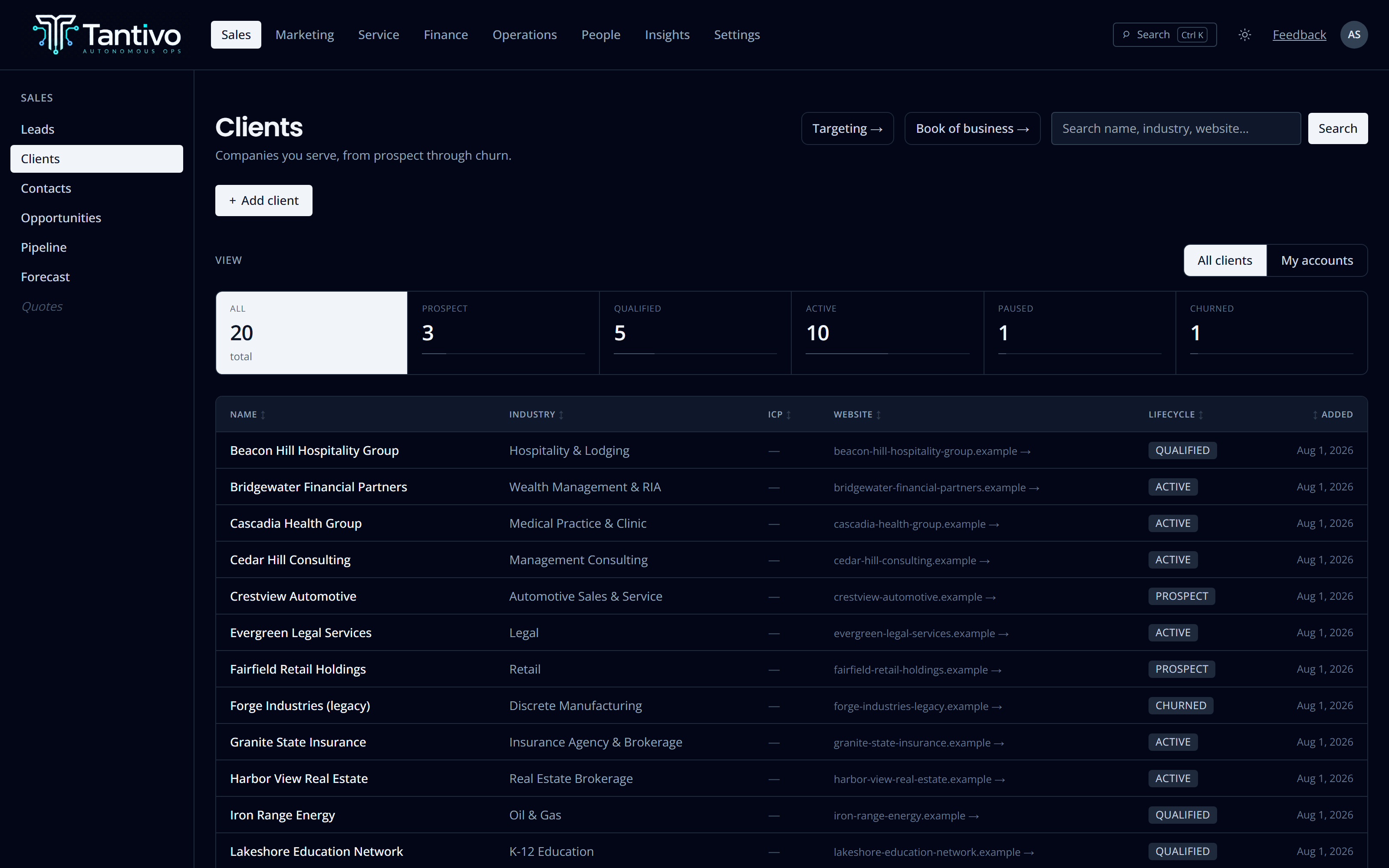The client list filtered and sorted, showing lifecycle stage, industry, service tier and owner.