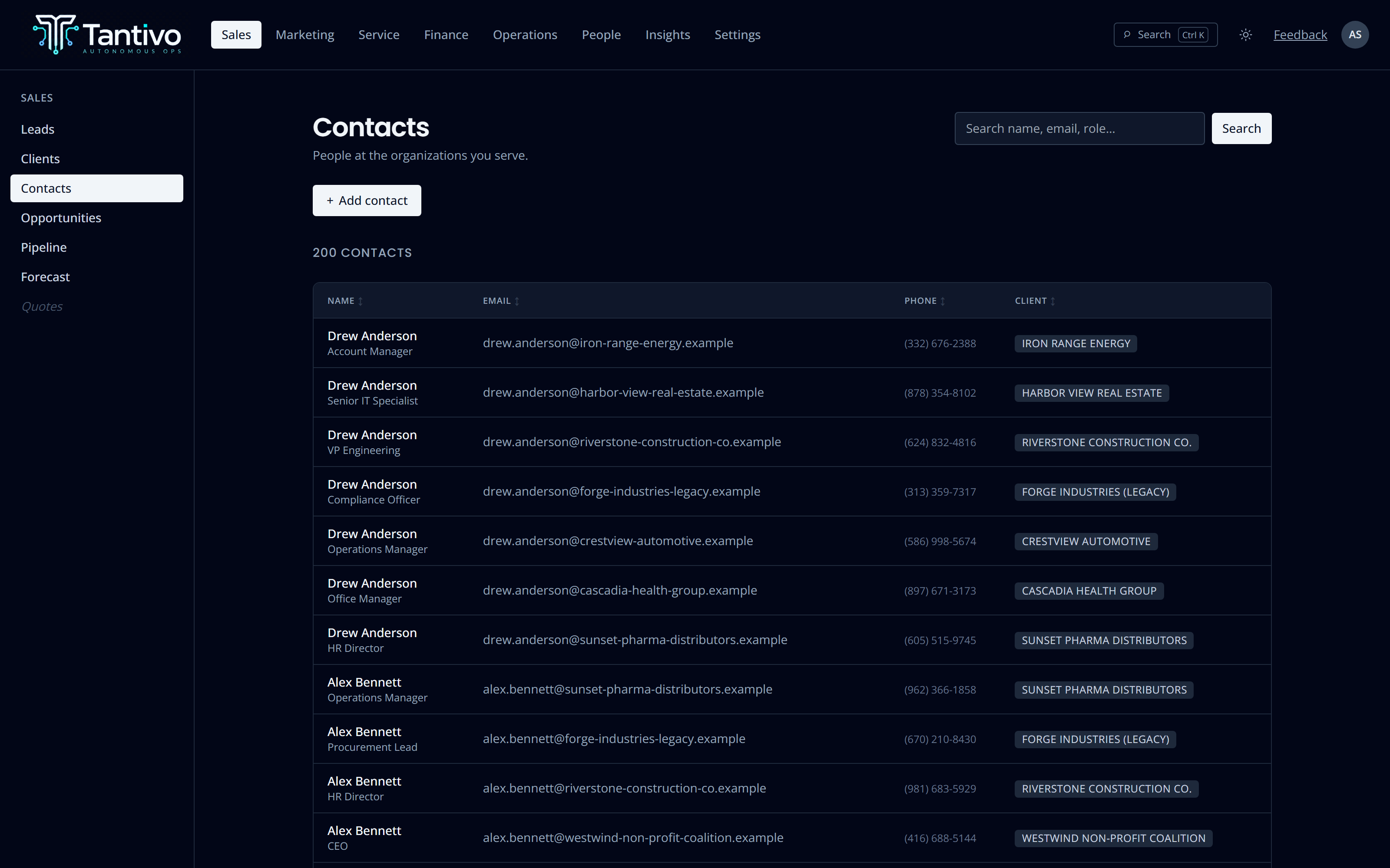 The contacts list across all clients with role, client and contact details.