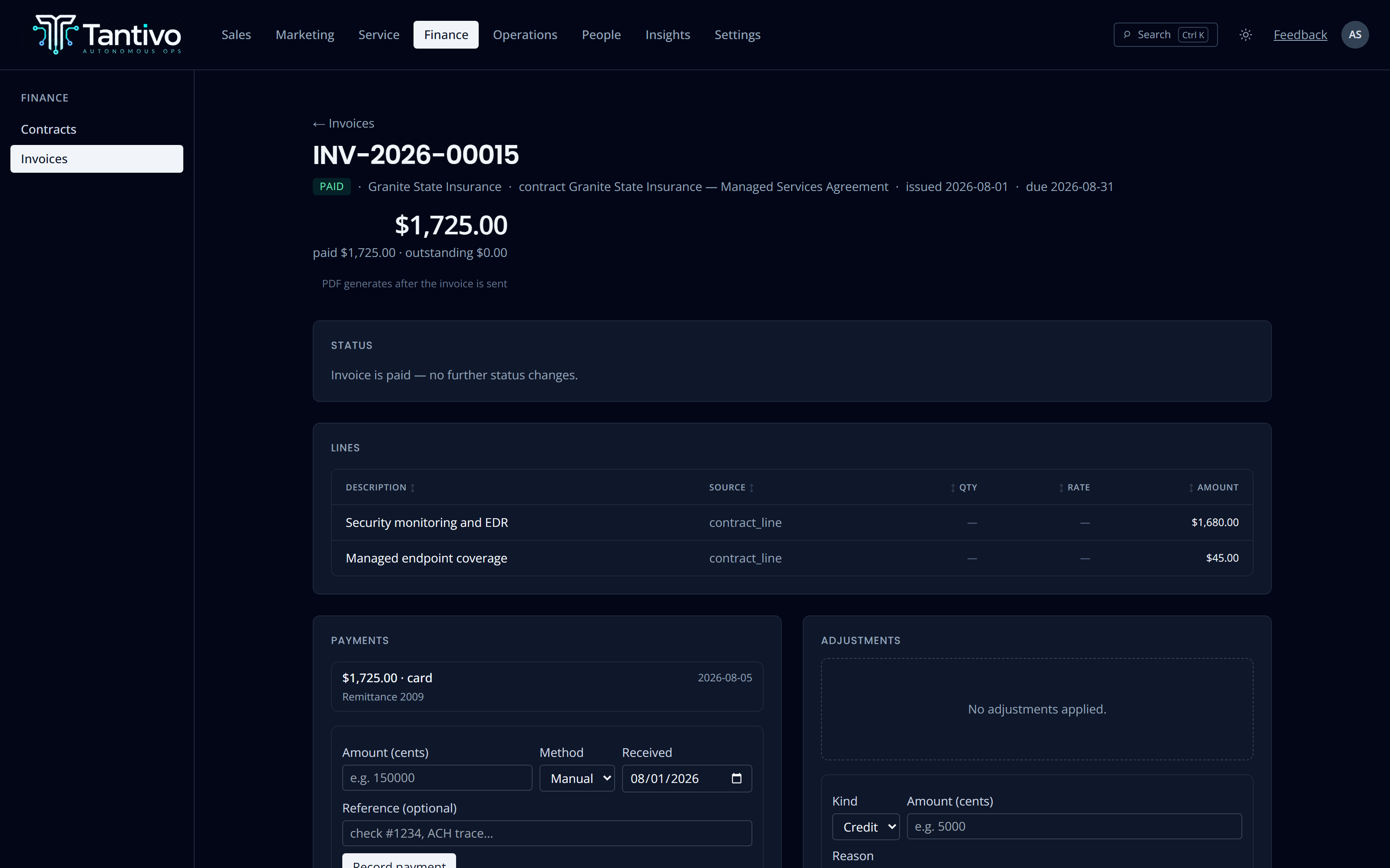An invoice with contract and time-and-materials lines, totals and recorded payments.