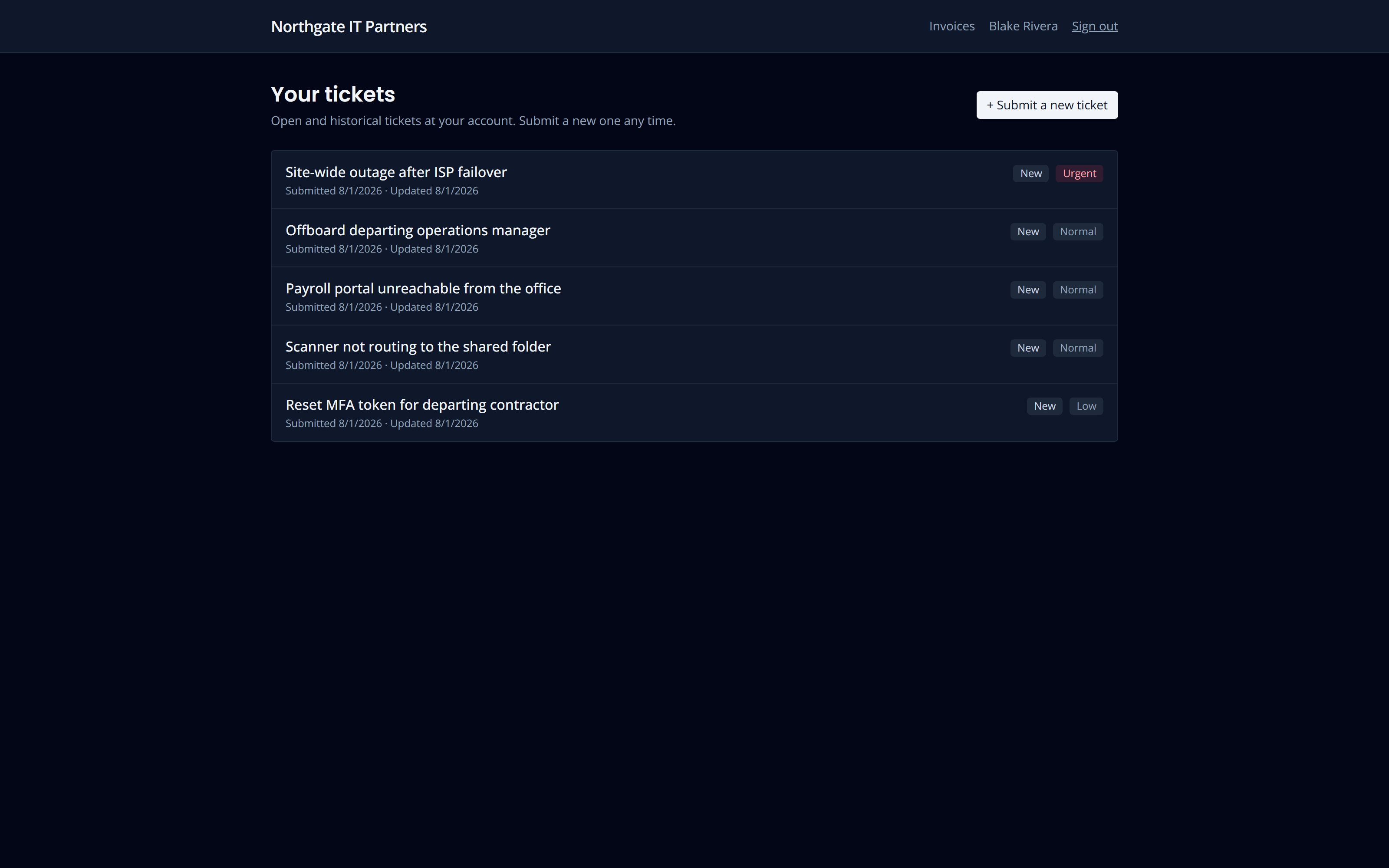The client portal ticket list showing the client’s own tickets with status and last update.