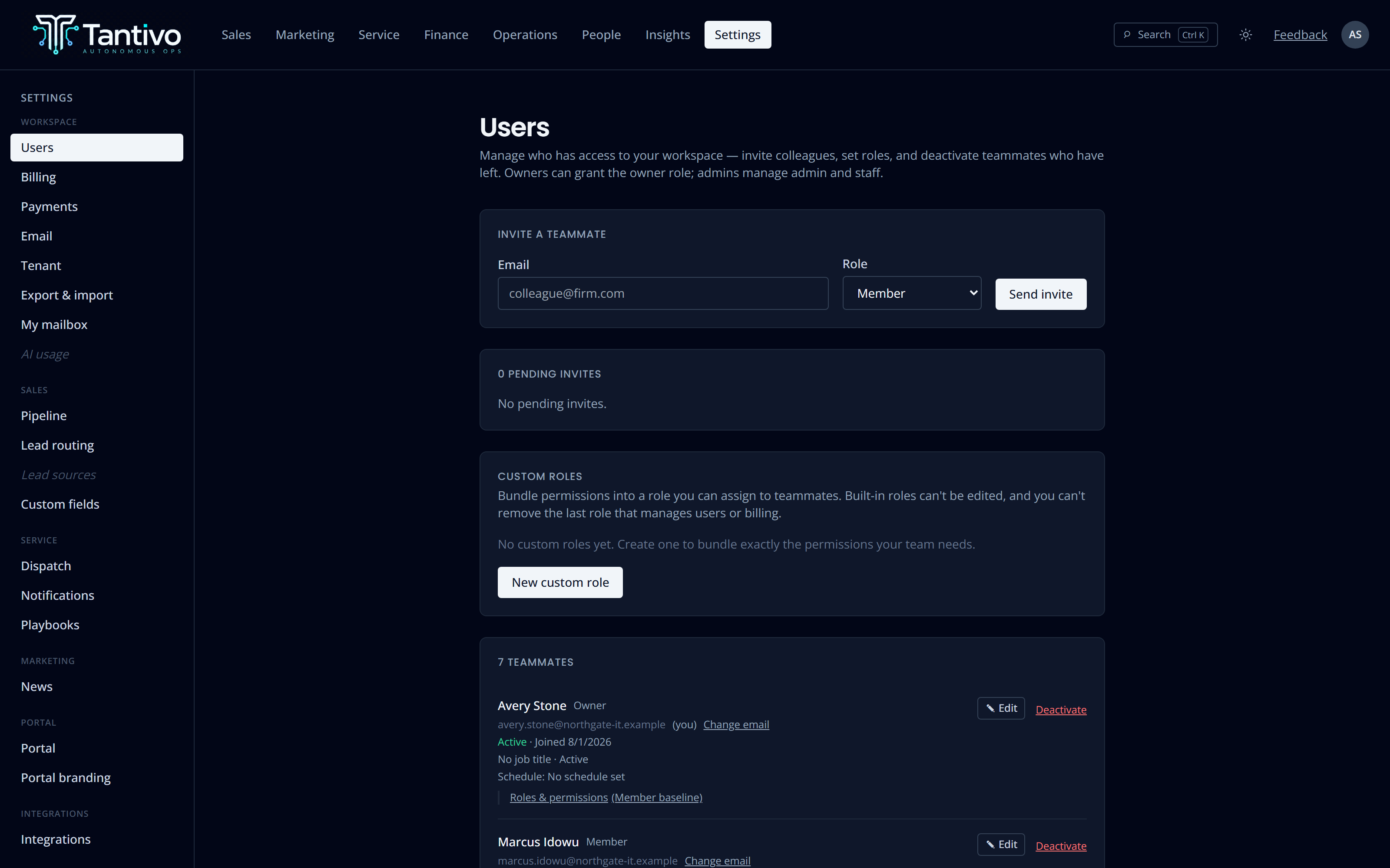 User management showing staff members, their permission-bundle roles and status.