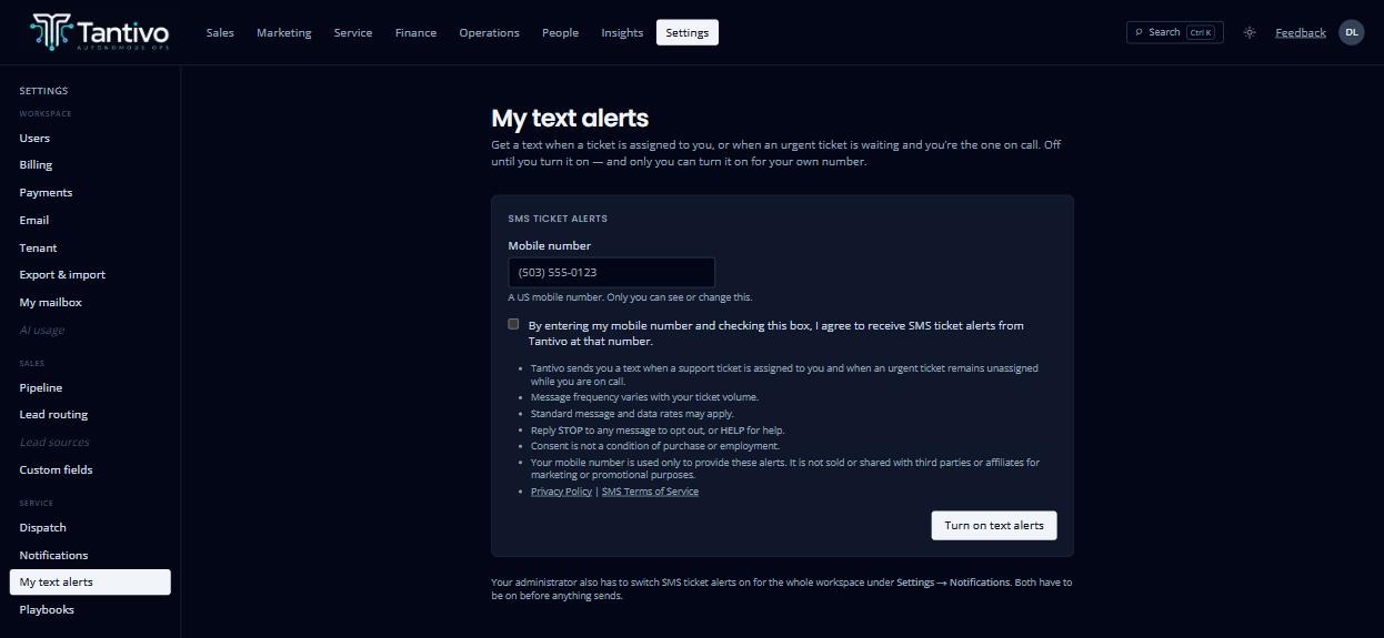 The Tantivo 'My text alerts' settings page: a mobile number field, an unchecked consent checkbox reading 'By entering my mobile number and checking this box, I agree to receive SMS ticket alerts from Tantivo at that number', the program disclosures, links to the Privacy Policy and SMS Terms of Service, and a 'Turn on text alerts' button.